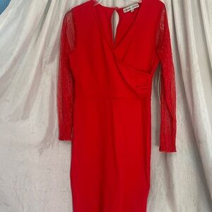 Absolutely Famous Red Lace-Sleeve Wrap-Front Midi Dress